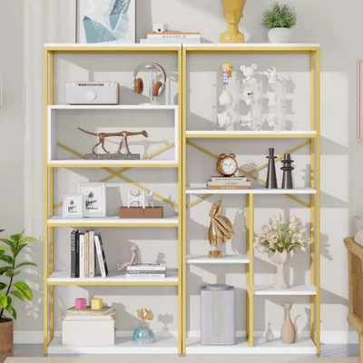 Zdjęcie produktu dla Nowoczesny regał z solidną stalową konstrukcją, minimalistyczny design, łatwy montaż, wykończenie w kolorze złoto-białym, idealny element dekoracyjny – wymiary: 160 x 29,5 x 180 cm