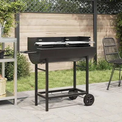 Productafbeelding van Koolgrill van gelegeerd staal, 96,5 x 42,5 x 88,5 cm, zwart, met in hoogte verstelbare grillroosters, rookruimte, ideaal voor barbecuefeestjes en de tuin