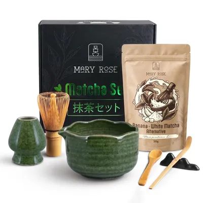 Produktbild von Mary Rose - Geschenkset White Matcha Banane Pulver 50g - 100% Frucht - Grüne Keramik Matchawan Schale Tonbo 400ml - Mit Bambus Chasen Besen