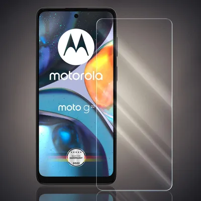 A screen protector is shown next to a smartphone displaying the Motorola logo and model name.