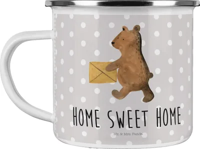 Produktbild von Mr. & Mrs. Panda Emaille Tasse Bär Zuhause - Grau Pastell - Geschenk, Teddy, Einzugsgeschenk Einzug Neues Haus Neue Adresse Umzug Umziehen, Teetasse, Pott, Blechtasse