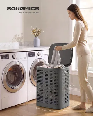 Produktbild von SONGMICS Wäschekorb Plastik, 75 L Wäschesammler, Wäschebox mit Deckel, schmale Wäschetonne für Bad, Waschküche, dunkelgrau