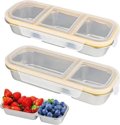 Imagen del producto de Set de cajas para snacks de acero inoxidable, con 2 y 3 compartimentos, herméticas, de 2 piezas, ideales para la oficina y la escuela