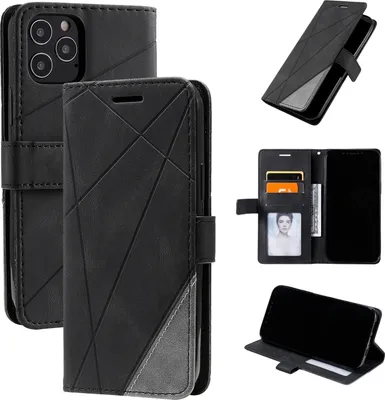 A collage of images showing a black flip phone case with a geometric pattern, including close-ups of its card slots and a phone inside.