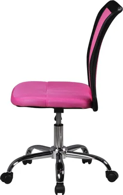 A side view of a pink and black children's desk chair with a silver base and wheels.