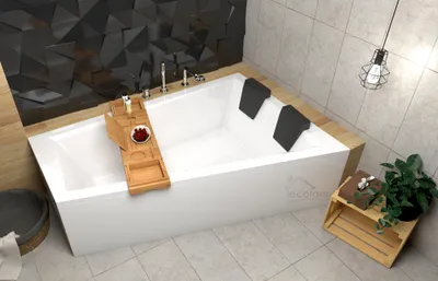 Produktbild von ECOLAM Badewanne Intima Duo Eckwanne für Zwei 180x125 cm RECHTS + Ablage Bambus + Schürze aus Acryl + 2x Kopfstütze Ab- und Überlauf Automatik Füße Silikon Komplett-Set
