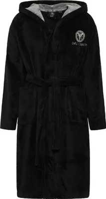 Produktbild von CARLO COLUCCI Herren Bademantel Como | Kapuze | Kimono-Stil | Velours & Frottier | 55 % Baumwolle 45 % Polyester | knielang | Logostickerei | XXL | Schwarz-Silber