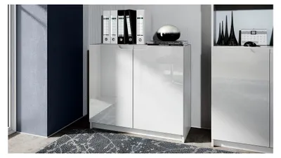 Produktbild von Sideboard Logan, Kommode mit 2 Türen, Weiß matt/Weiß Hochglanz (82 x 78 x 37 cm)
