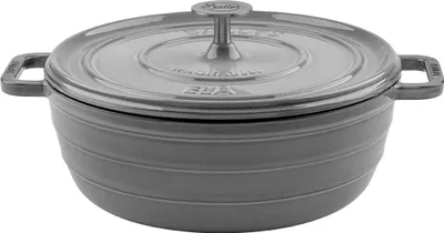 A grey cast iron pot with a lid, shown from a slightly elevated front-facing angle.