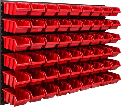 Produktbild von Lagersystem Werkstattregal | 115 x 78 cm | 54 stck. Box | Wandregal mit Stapelboxen - Wandplatten Extra Starke Schüttenregal Warkzeuglochwand Lagerregal Garage Regal