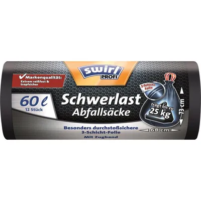 Produktbild von Swirl PROFI Schwerlast Abfallsäcke 60l, 60 l, 25 kg, Schwarz, Polyethylen, 680 mm, 730 mm