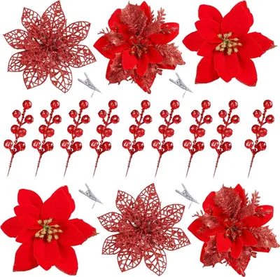 Produktbild von 30 Stück 3 Stile Weihnachtssterne mit Glitzer, künstliche Beerenpicks, Christbaumschmuck, künstliche Weihnachtsblumen mit Klammern für Weihnachtshochzeitskranz, Blumendekorationen (rot), für Weihnachtskranz Hochzeit Baumdekoration