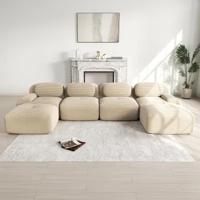 Produktbild von Modulares U-Sofa Beige 4-Sitzer Ecksofa aus Cordstoff, Rahmenloses Design mit 32D Schaumstoff, Sofa ohne Montage, 388x178x70 cm