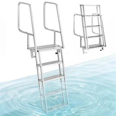 Produktbild von Klappbare Dockleiter - Bootsleiter - 5 rutschfeste Stufen - Breite Trittflächen - Mit Handlauf - Bis 159 kg belastbar - Aus Aluminiumlegierung - Silber