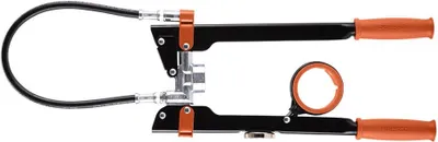 A grease gun with orange handles and black hoses against a white background.
