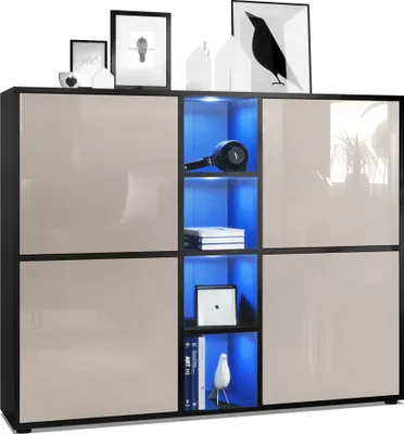 Produktbild von Vladon Highboard Cuba V3,  Germany, Schwarz matt/Sandgrau Hochglanz inkl. LED - Moderne Anrichte mit 12 Fächern (130,5 x 105,5 x 35,5 cm)