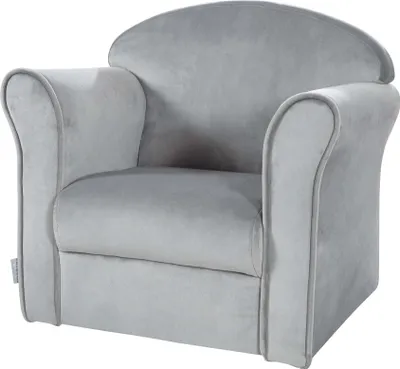 A light gray velvet children's armchair is shown against a white background.