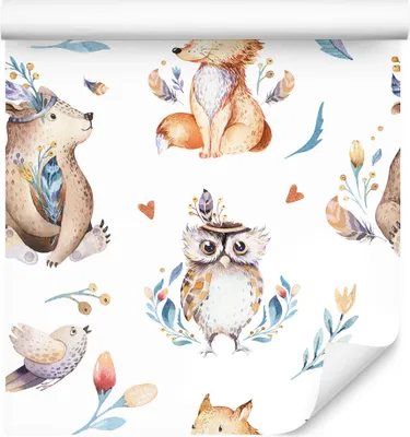 Produktbild von 10m VLIES TAPETE Rolle Kinderzimmer Wald Bären Füchse Vügel Aquarell XXL