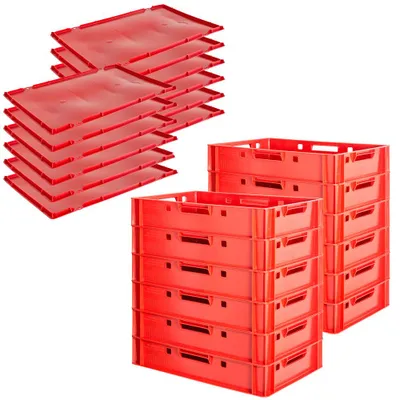Produktbild von Fleischkiste E1 mit Deckeln Rot Kiste Eurobox Lebensmittelecht 60 x 40 Metzgerkiste Auswahl Stapelbar Kingpower, Anzahl:12