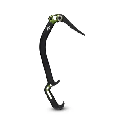 Schwarzer Eispickel mit grünem Akzent; Modell "Hydra Ice Tool" von Black Diamond; geeignet für Eisgeräte und Lawinenschutz.