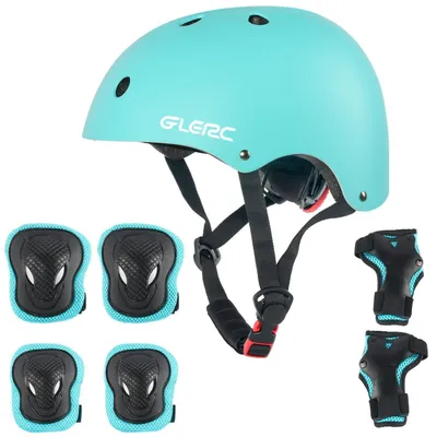 Image de Ensemble de 7 pièces comprenant un casque de vélo pour enfant et des protections, taille S, tour de tête réglable de 48 à 52 cm, couleur cyan