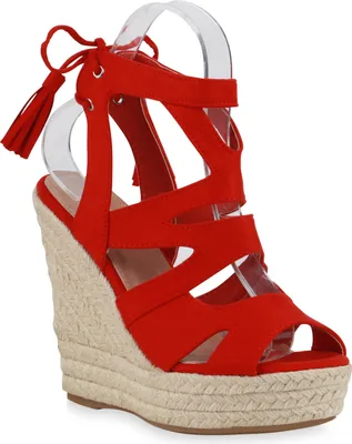 Produktbild von Mytrendshoe Damen Bast Keilsandaletten Cut-Outs Quasten Sommer Schuhe 816039, Farbe: Rot, Größe: 37