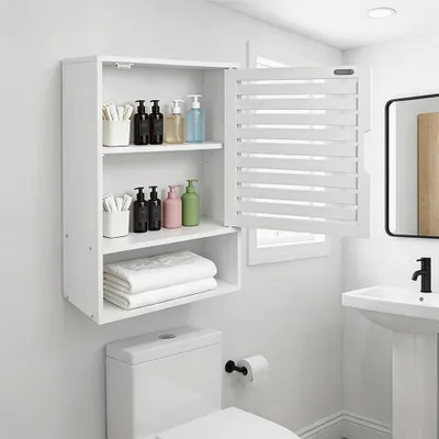 Produktbild von Badezimmerschrank hängend Bambus 3 Ablagen 1 Türen 60 x 40 x 20 cm