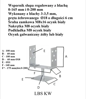 Obrázok produktu pre Podstawa Słupa Regulowana 0-165Mm Na Kwadrat, Ocynk Żółty