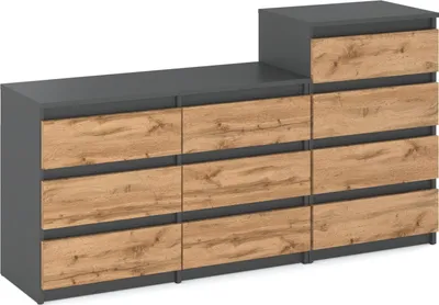 A modern dresser with multiple drawers, featuring a dark gray frame and wood-effect drawer fronts.
