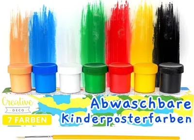 Zdjęcie produktu dla Creative Deco Zestaw Farb Plakatowych dla Dzieci | 20 ml x 6 + 1 Różnokolorowych Słoiczków | Nietoksyczne | Żywe Kolory | Idealne Dla Początkujących