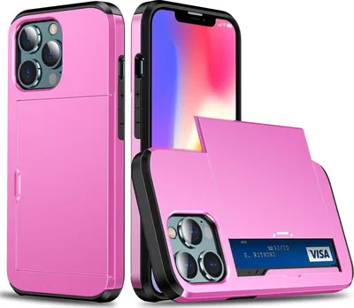 Produktbild von Mobigear Card Hülle für iPhone 13 – Hartschalenhülle, Rückseite, stoßfest mit Kartenhalter – Pink
