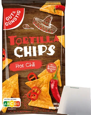 Produktbild von Gut & Günstig Tortilla Chips Hot Chili (300g Packung) + usy Block