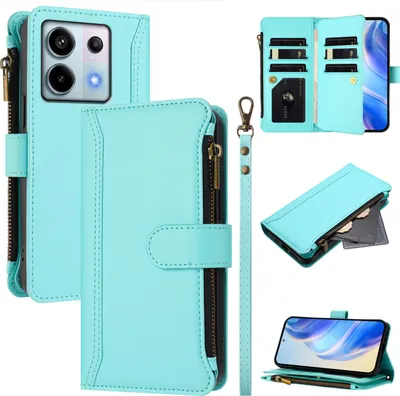 Image de Etui pour Xiaomi Redmi Note 13 Pro 5G, zippé, étui portefeuille en cuirPolyuréthaneavec pochettes pour cartes, support et dragonne vert menthe