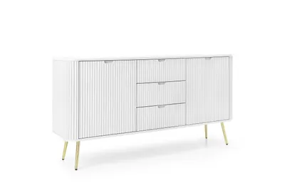 Zdjęcie produktu dla Komoda ZORA z 2 drzwiczkami i 3 szufladami, biała z złotymi nogami – 168 × 87 × 39 cm