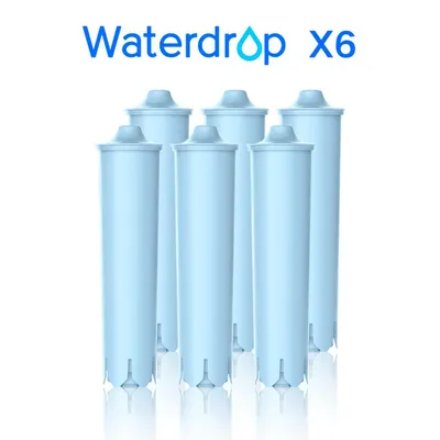 Six light blue water filter cartridges are arranged in two rows, with the front row slightly lower than the back row. The brand name 'Waterdrop' and 'X6' are displayed in blue text at the top of the image.
