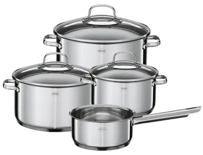 Produktbild von RÖSLE ELEGANCE Topf-Set 4-tlg., Edelstahl 18/10, mit Glasdeckel und Innenskalierung, spülmaschinen- und induktionsgeeignet