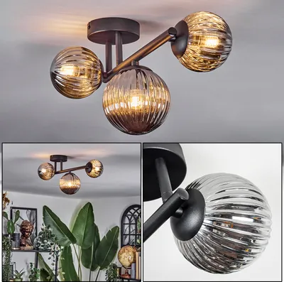 Produktbild von Isorella 3-flammige Deckenlampe aus Metall/Riffelglas in Schwarz/Rauch