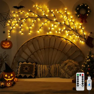Produktbild von 144 LED Weidenzweig-Lichterkette mit 8 Modi, USB & Fernbedienung, leuchtende Wanddeko für Weihnachten, Halloween, Wohnzimmer & Schlafzimmer