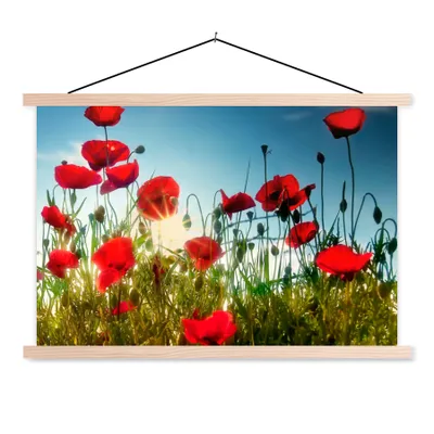 Produktbild von MuchoWow® Textilposter Mohnblumen - Toskana - Sonne - Rot - Blau 120x80 cm mit holzfarbenen Rahmen - Aufhängeset