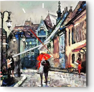 Produktbild von Wanduhr - Quadrat - Glasuhr - Stadt Straße Haus - 30x30cm - Schleichendes Uhrwerk - Lautlos - zum Aufhängen bereit - Dekoration Modern - Wanddekoration aus Glas - C3AC30x30-3940