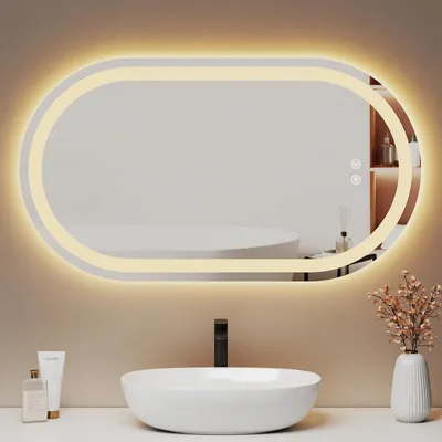 Productafbeelding van EMKE LED Badspiegel 50x90cm. Badspiegel met anti-condensfunctie. Verlichting met 3 lichtkleuren. Verlichte spiegel voor de badkamer, rond of vierkant. Wandspiegel met touchbediening