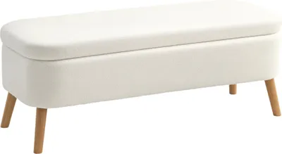 Produktbild von Aufbewahrungsbank, Sitzbank mit 65 L Stauraum, Teddy-Fleece-Stoff, Kautschukholz, 120 x 42 x 45 cm, Cremeweiß