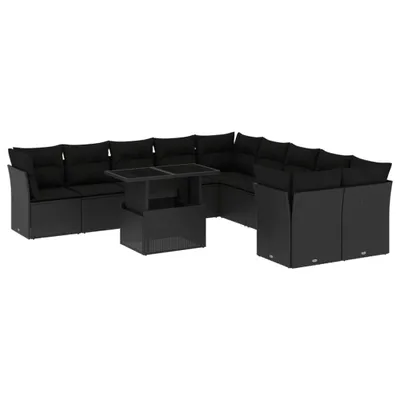 Produktbild von Modulares Garten-Sofaset, 11-teilig, mit verstellbarem Tisch, Poly Rattan Schwarz, UV-beständig, inkl. abnehmbaren Kissenbezügen