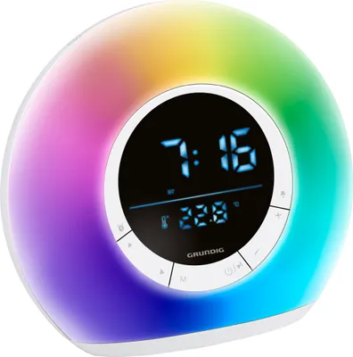 Produktbild von Grundig Tageslichtwecker, Weiß, Radio, Bluetooth, LED-Anzeige, Licht, Naturgeräusche, Nachttischlampe, ca. 17 x 17 x 8 cm, Wecken, Einschlafen, Musikhören, Netzbetrieb mit Backup-Batterie, Uhrzeit & Temperatur