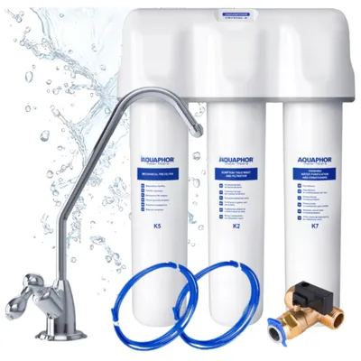 Produktbild von AQUAPHOR Crystal A TRIO Trinkwasserfiltersystem mit 1 Wege Wasserhahn, Keimsperre gegen Bakterien, aktives Chlor, Schwermetalle, Pharmazeutika, Medikamente und Mikroplastik