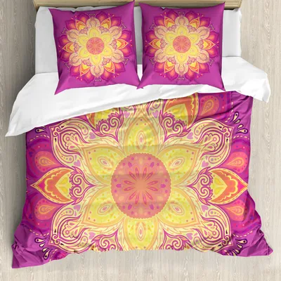 Produktbild von ABAKUHAUS Regenbogen-Mandala Bettbezug Set, Ethnische Komposition mit blühenden Blumen Design Mystical Oriental Petals, 155 x 220 cm + 80 x 80 cm, Mehrfarbig