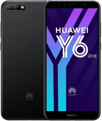 A black Huawei Y6 (2018) smartphone is shown from the front and back. The front display shows marketing graphics and text.