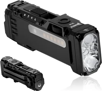 A black WUBEN X4 flashlight is shown from a slightly elevated angle, with a smaller, detached view of the same flashlight below it.