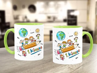 Produktbild von Tasse Schulkind Geschenk Einschulung 1. Klasse Strichmännchen lustig Kindertasse aus Keramik für Jungen Mädchen SpecialMe® weiss-innen-hellgruen standard