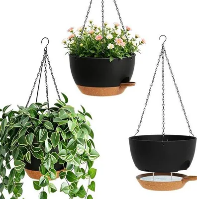 Produktbild von Set von 3 hängenden Blumentöpfen 25 cm mit Bewässerungssystem - Schwarz